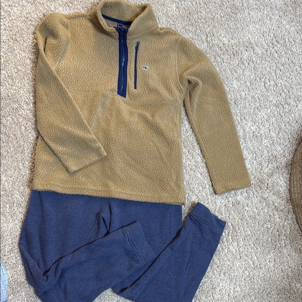 Tan Fleece Pullover with Blue Zipper